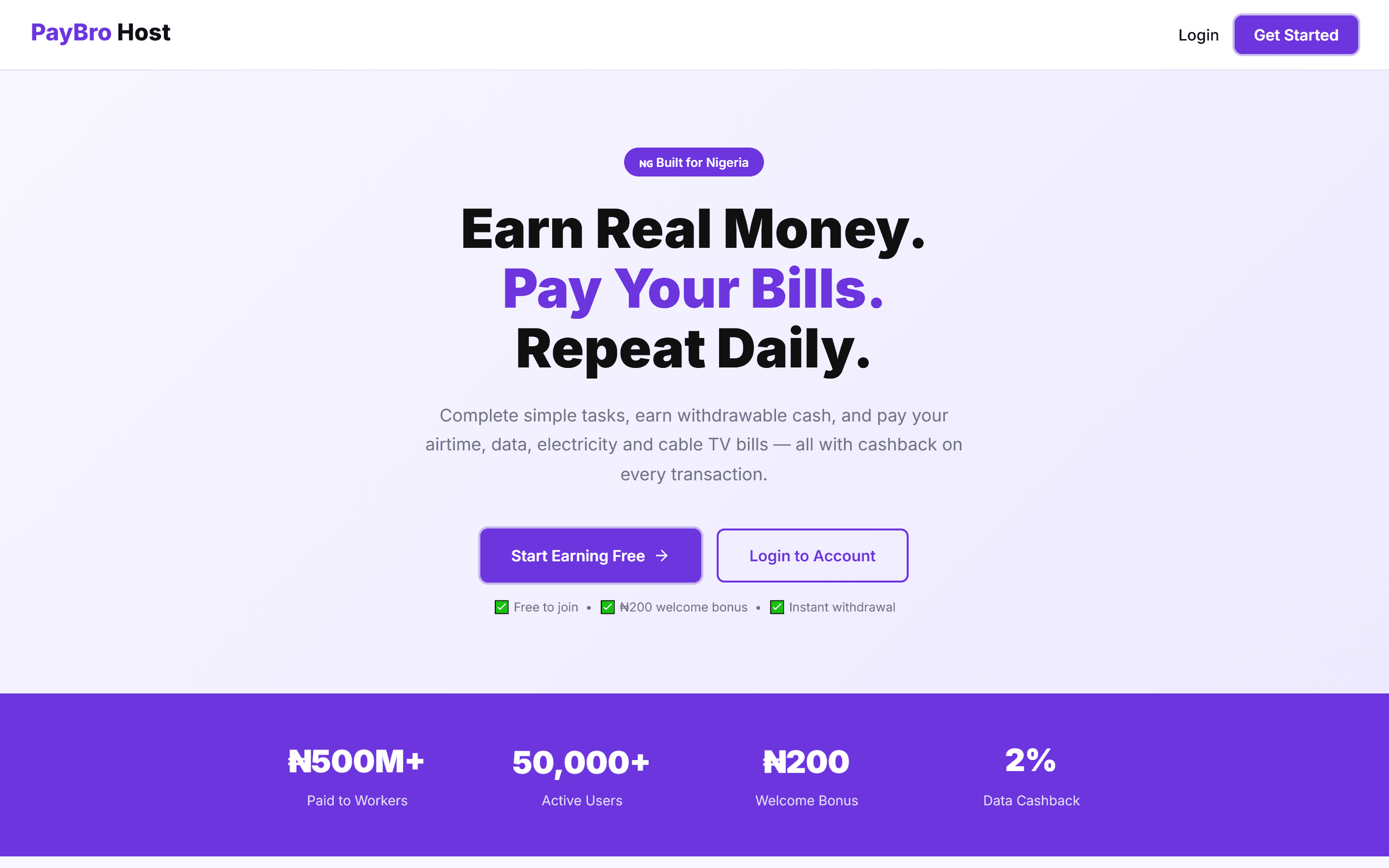 PayBro Host landing page with the headline: Earn real money. Pay your bills. Repeat daily.