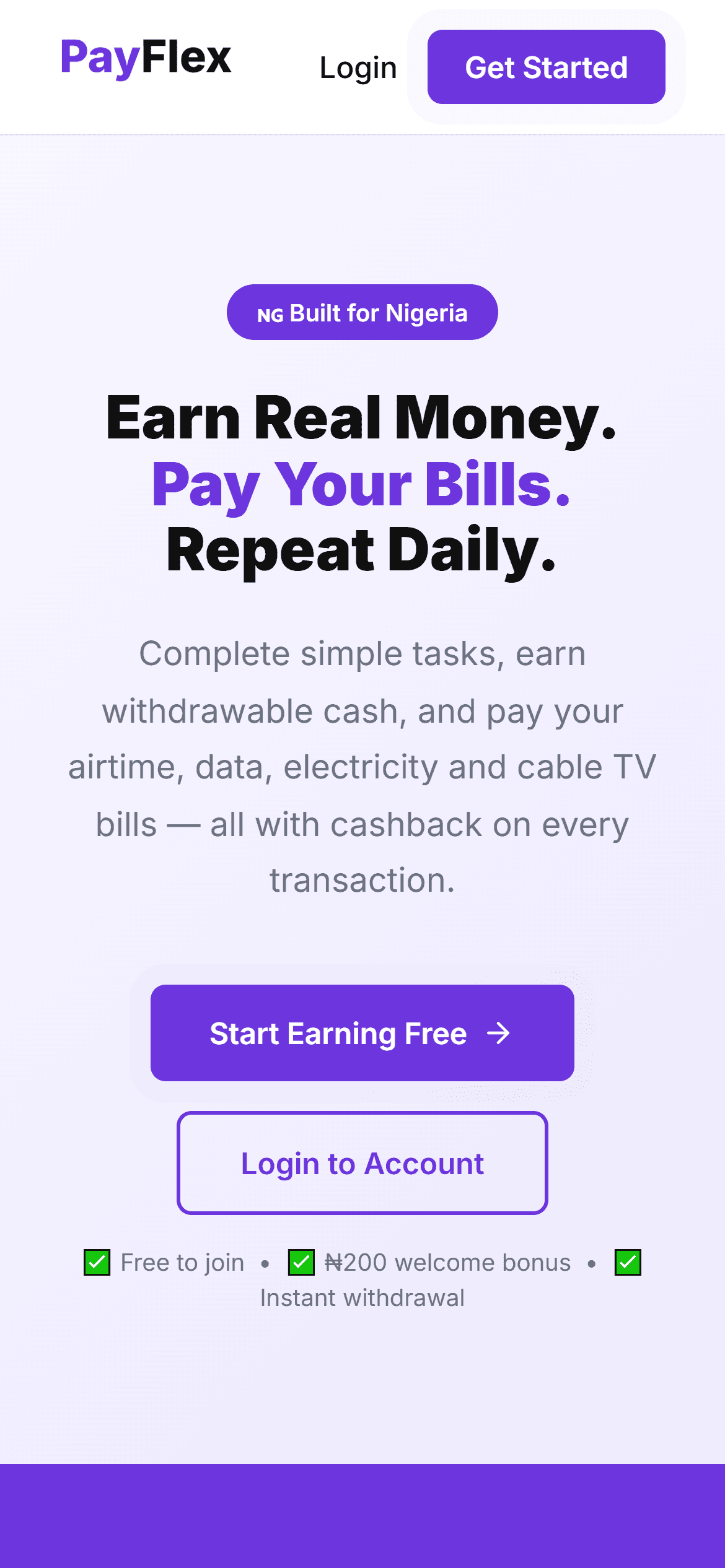 PayFlex landing page: Earn real money. Pay your bills. Repeat daily.
