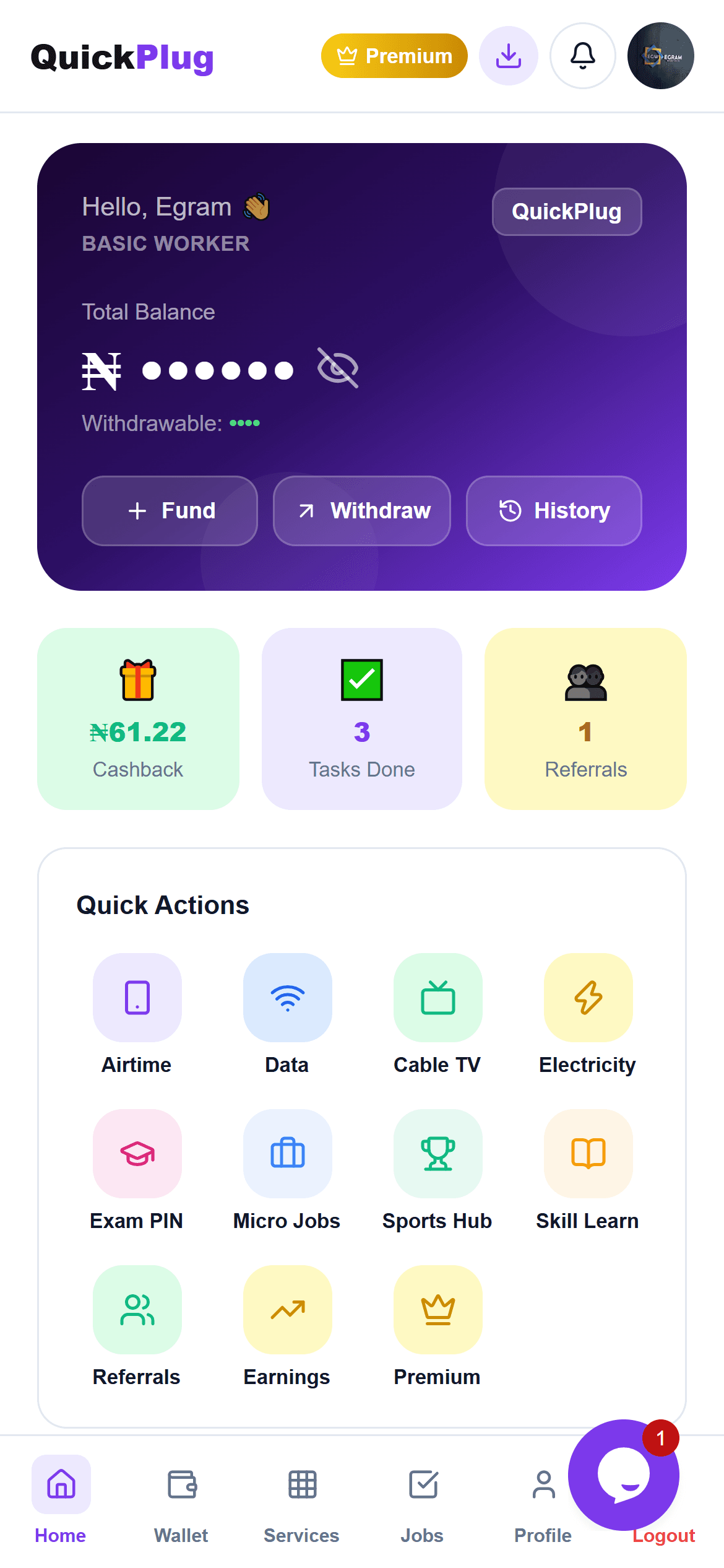 QuickPlug dashboard showing wallet balance, cashback, completed tasks and quick actions for airtime, data, bills, jobs, sports and learning