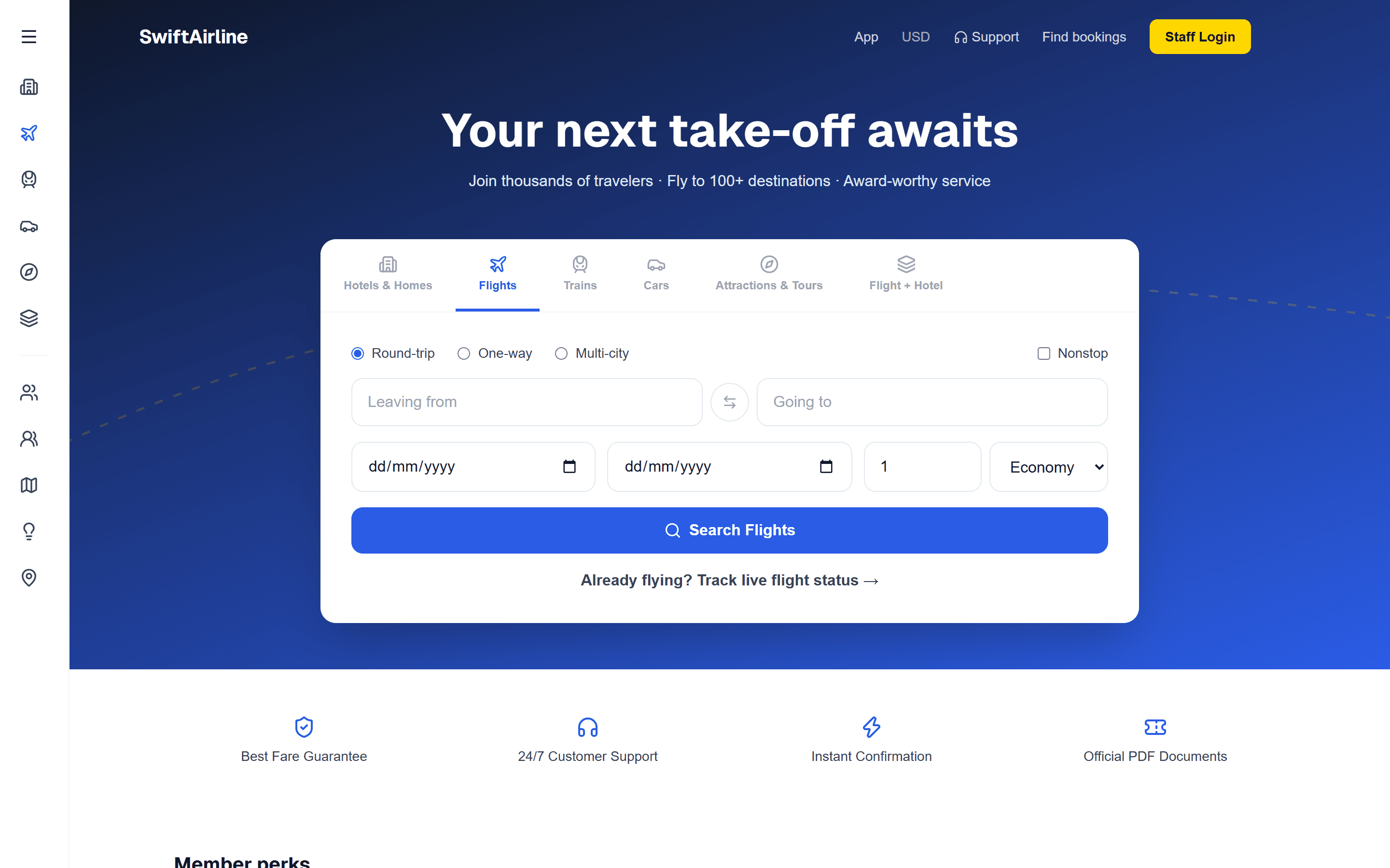 SwiftAirline homepage with a flight search form and the headline: Your next take-off awaits.